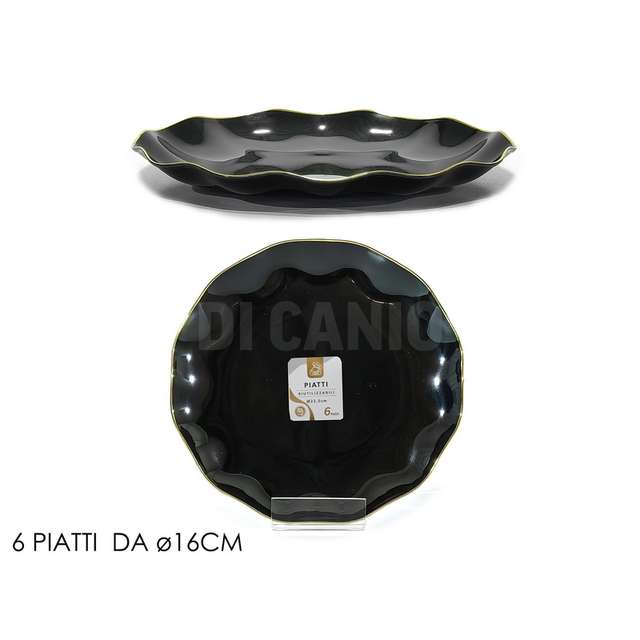 Set 6 piatti dm.16cm nero con bordo oroin plastica - Principale