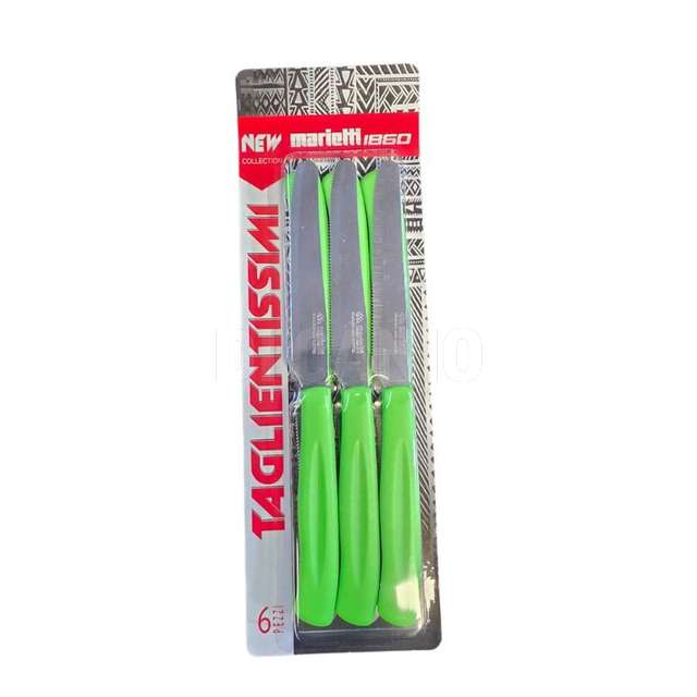 Conf. 6 coltelli tavola lama dentata cm.11 verde taglientissimi new 1860 - Principale