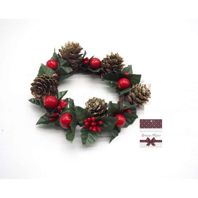 Girocandela bacche rosse c/pigne brillantini diam.10cm. - Principale