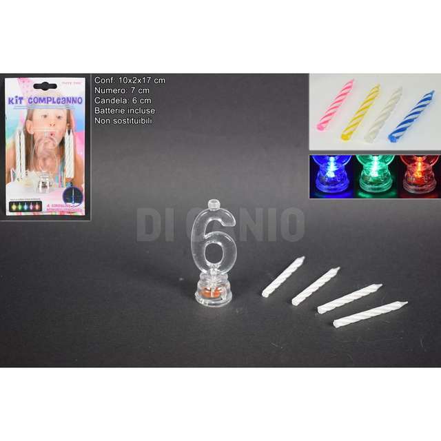 Candeline 4pz c/numero 6 c/luce batt. 7cm led due esse - Principale