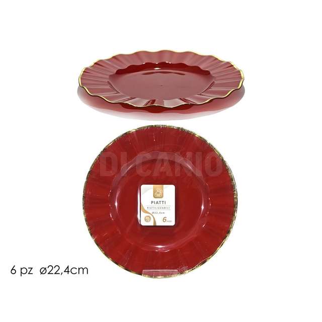 Set 6 piatti dm. 22.4cm rosso c/bordo oro - Principale