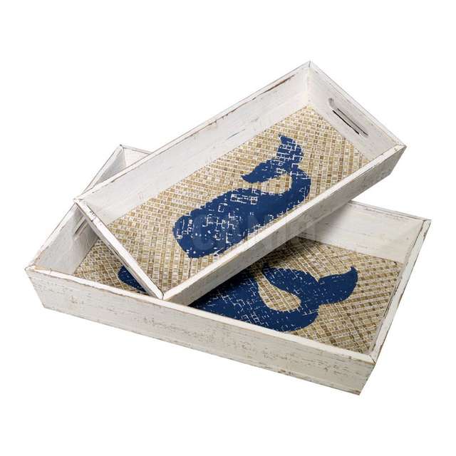 Set 2 vassoio mare legno bianco c_balena blu rett. vacc - Principale