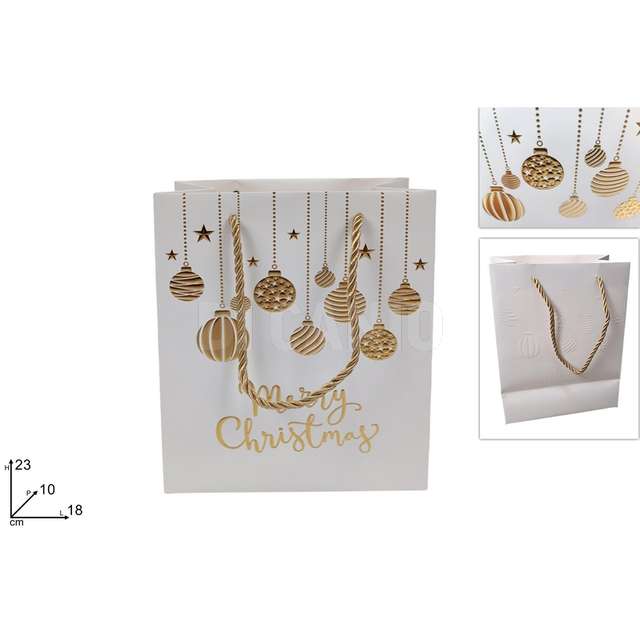 Busta regalo palline natalizie 18x23x10 bianco-oro - Principale