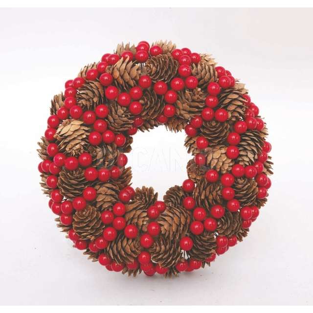 Corona legno cm.22,5 pignette e bacche rosse in sct - Principale