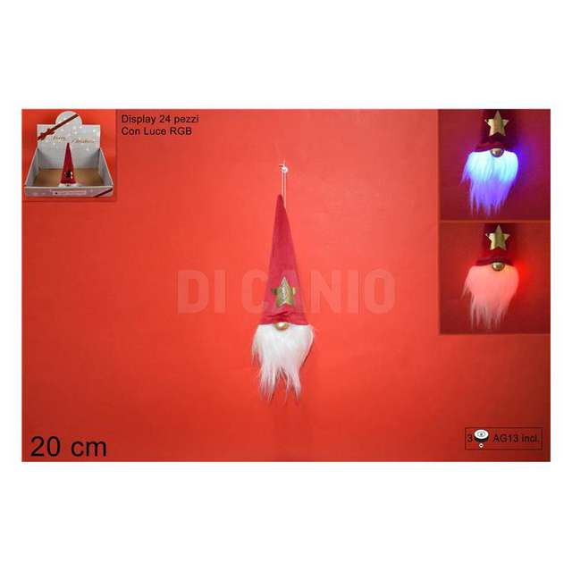 Gnomo di natale con cappello velluto luce batt rosso 20cm - Principale