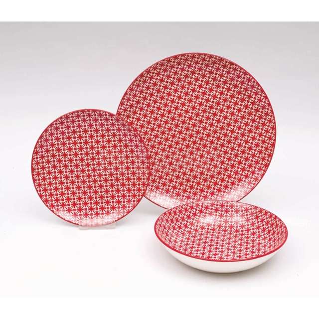 Set 18 piatti ceramica rosso cerchietti bianchi - Principale