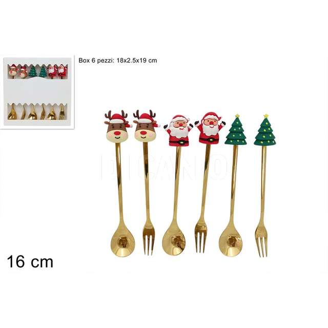 Cucchiaini forchettine in acciaio c sogg.natalizio in gomma set 6pz oro - Principale