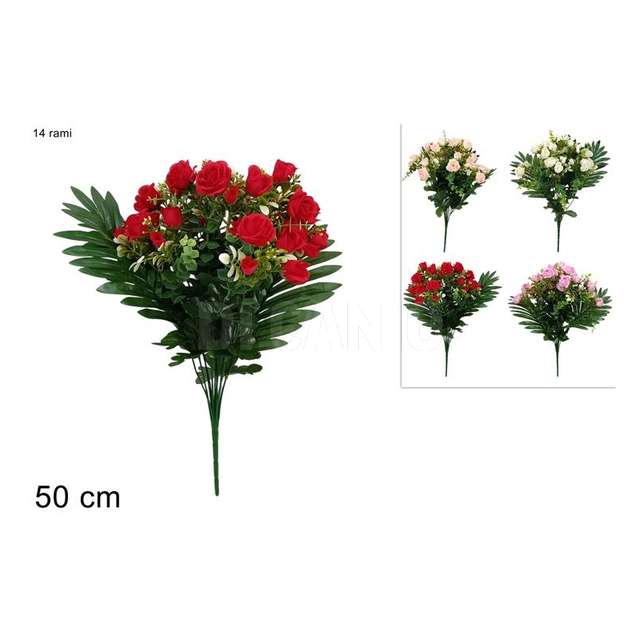 Mazzo fiori rose 14 rami 4 colori assortiti cm.50 - Principale