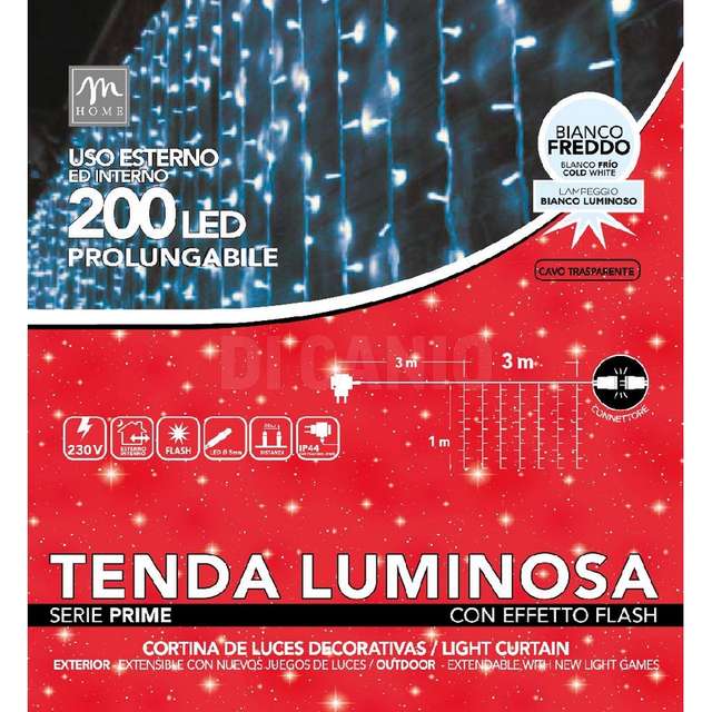 Tenda superflash 200 luci led colore bianco con spina da esterno prolungabile, - Principale