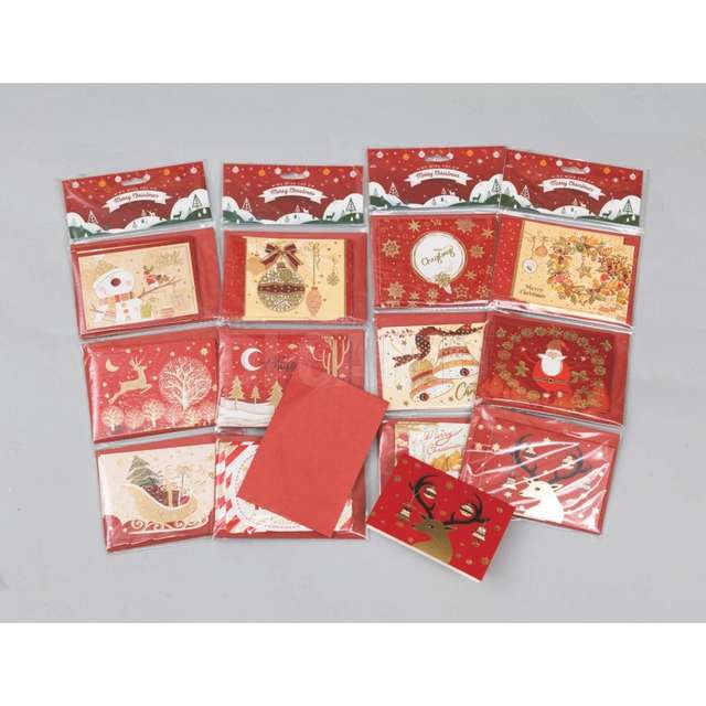 Set 12 biglietti augurali cm.9+bustina rossa decorazioni assort. - Principale