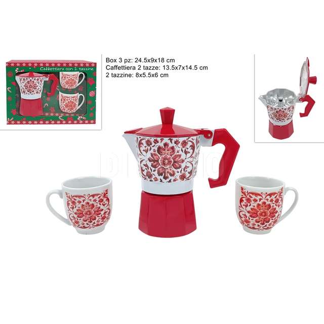 Caffettiera 2tazze + 2 tazzine decoro magnolia nat in box - Principale