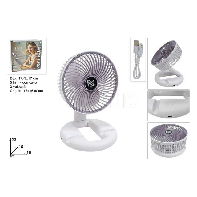Ventilatore richiudibile ricaricabile 3 in 1 bianco con cavo - Principale