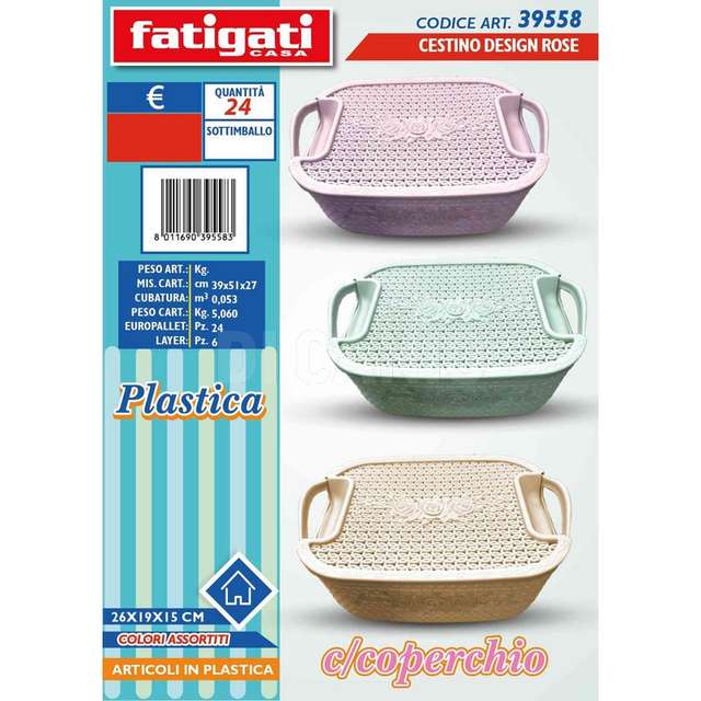 Cestino con coperchio rose cm.26x19x15 - Principale