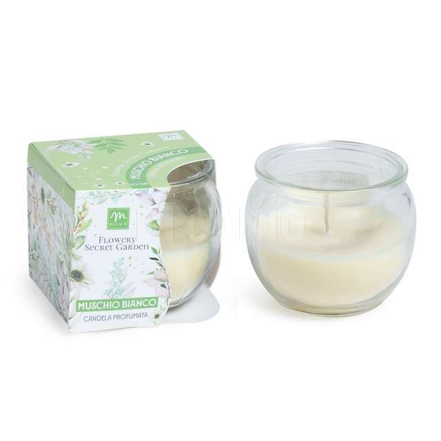 Candela in vetro al muschio bianco in cera e vetro 70 g cm.7.2x7.2x6.2 - Principale