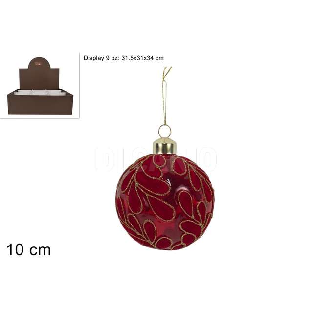 Palla vetro 10 cm fantasie foglie in velluto rosso cglitter in display - Principale