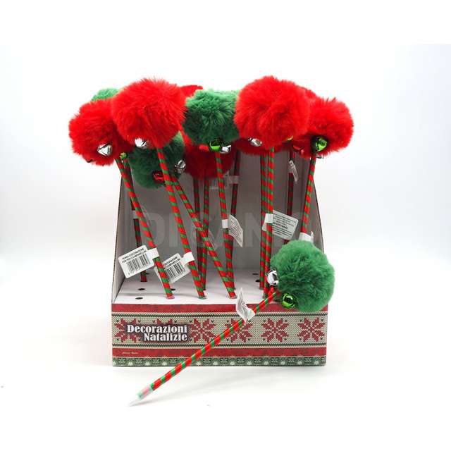 Penna con decorazione pon pon con campanellini rosso_verde - Principale