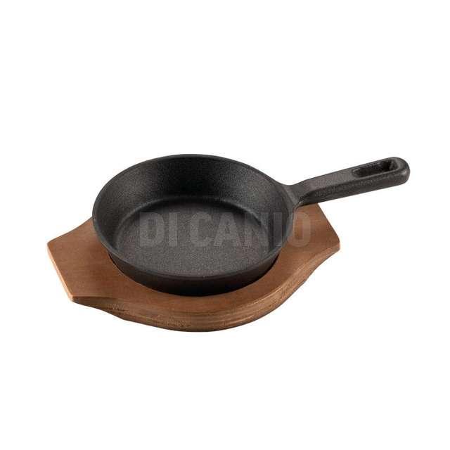 Mini padella ghisa smaltata con vassoioin legno multistrato cm.13 - Principale