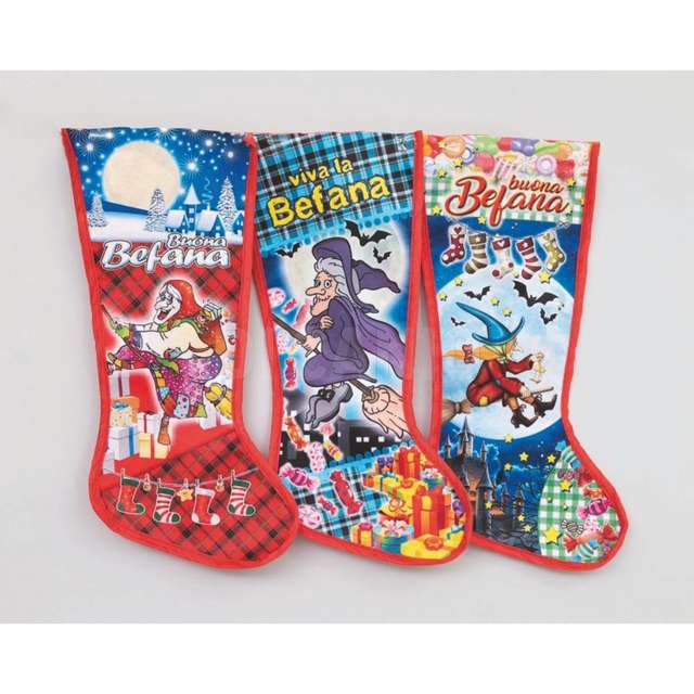 Calza poliestere cm.35h dec.befana con scritta buona befana 3 mod.ass. - Principale