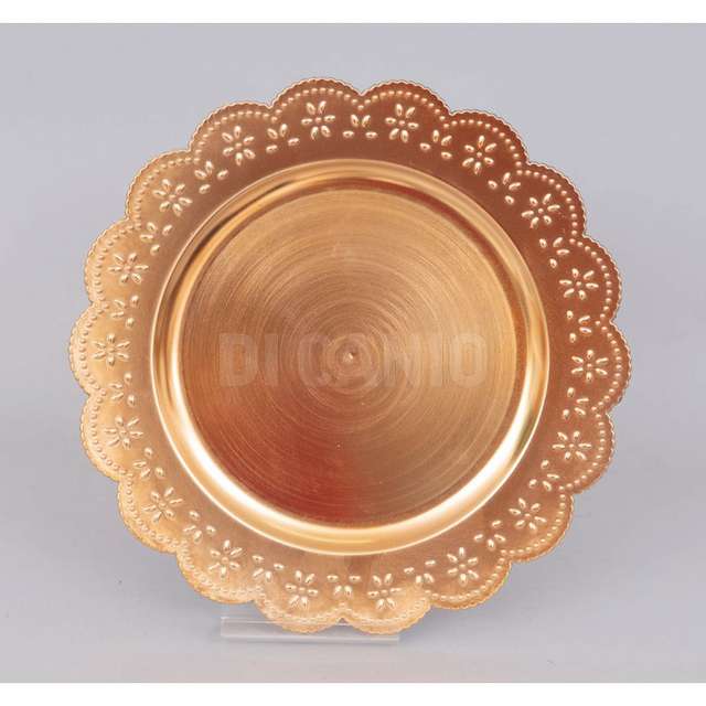 Piatto plastica tondo cm.33 smerlato fiori oro metallizzato - Principale