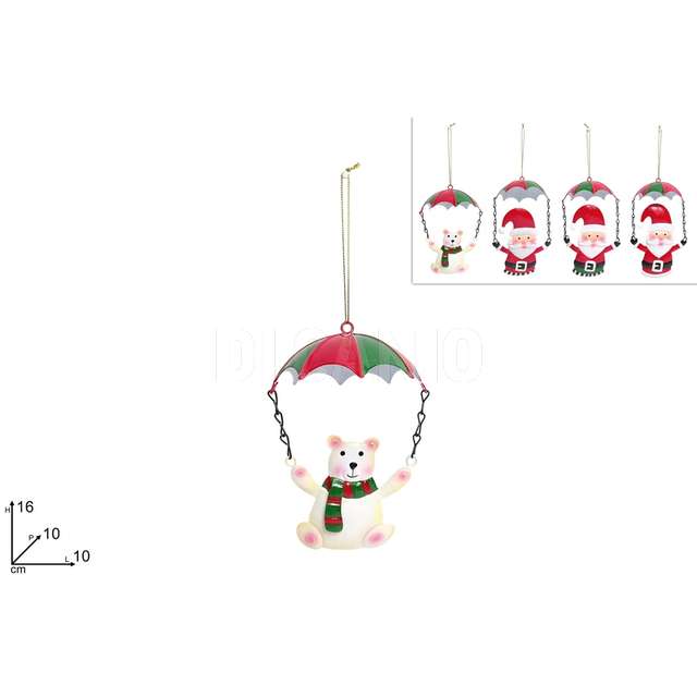 Appendino babbo natale/orso con paracadute in latta rosso verde 4ass. - Principale