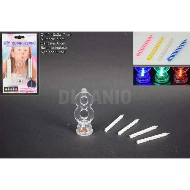 Candeline 4pz c/numero 8 c/luce batt. 7cm led due esse - Principale