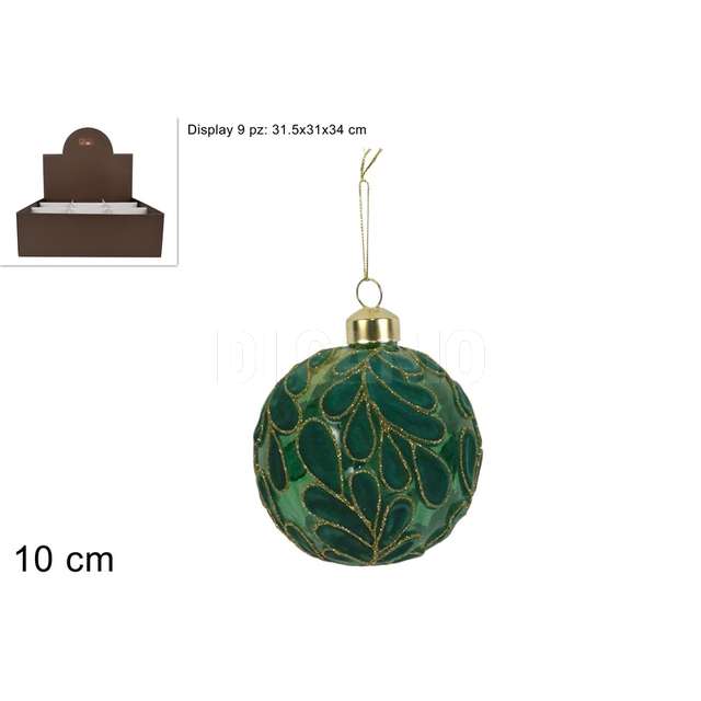 Palla vetro 10cm fantas foglie in velluto verde petr. cglitter in disp. - Principale