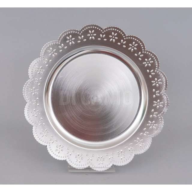 Piatto plastica tondo cm.33 smerlato fiori argento metallizzato - Principale