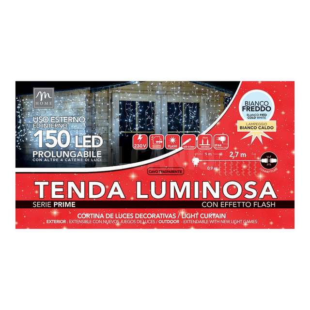 Tenda 150 luci led colore bianco con flash con spina da esterno prolungabile l. - Principale