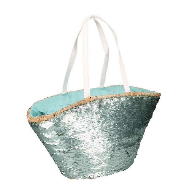 Borsa paglia con paillettes azzurro cm60x16h30 - Principale