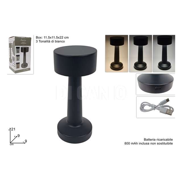 Lampada metallo ricaricabile 3 tonalitadi bianco colore nero - Principale