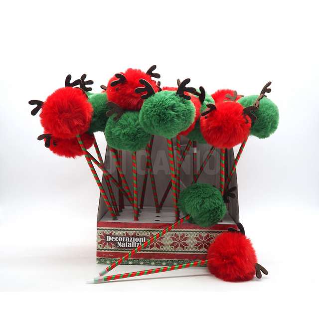 Penna con decorazione pon pon con orecchie renna panno verde rosso - Principale