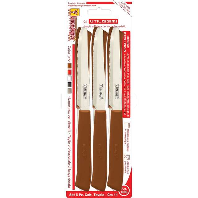 Set 6 coltelli da tavola inox cm.11 manico marrone linea super - Principale