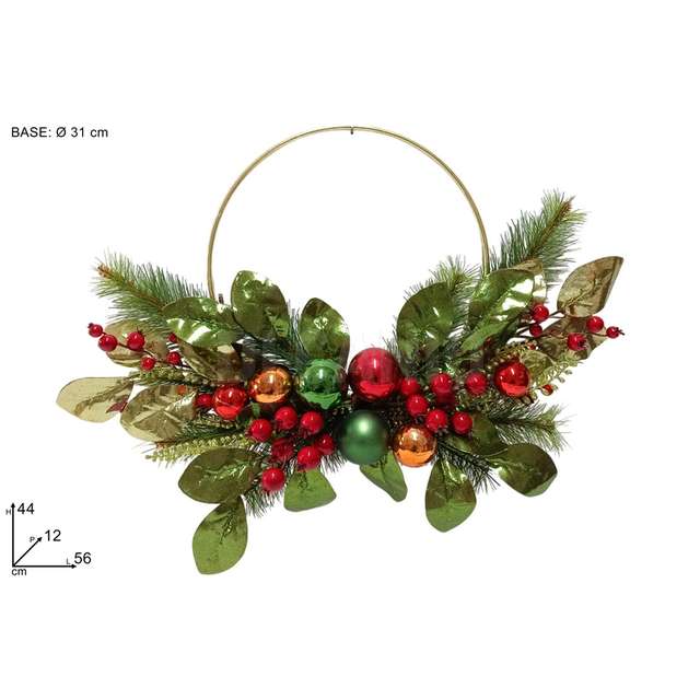 Dietroporta anello metallo 31 cm. con foglie verdi glitteratee palle col - Principale