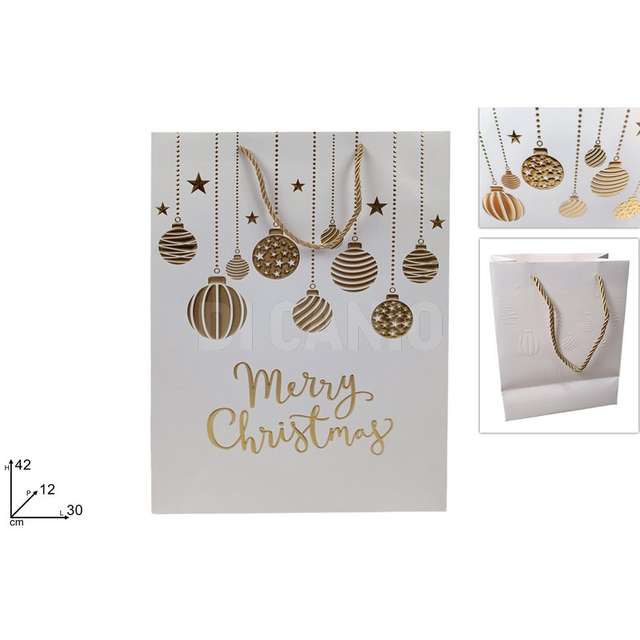 Busta regalo palline natalizie 30x42x12 bianco-oro - Principale