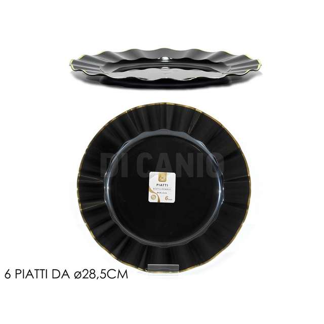 Set 6 piatti dm. 28.5cm nero c/bor. oro in plastica - Principale