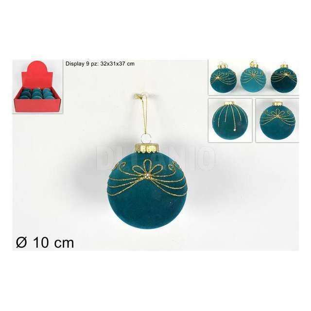 Palla 10cm floccata verde decoro glitter oro 3ass - Principale