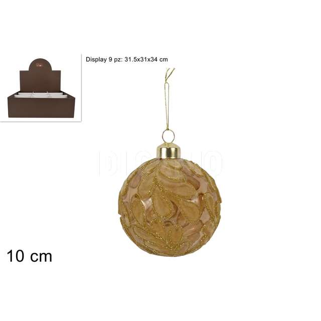 Palla vetro 10 cm fantasie foglie in velluto oro cglitter in display - Principale