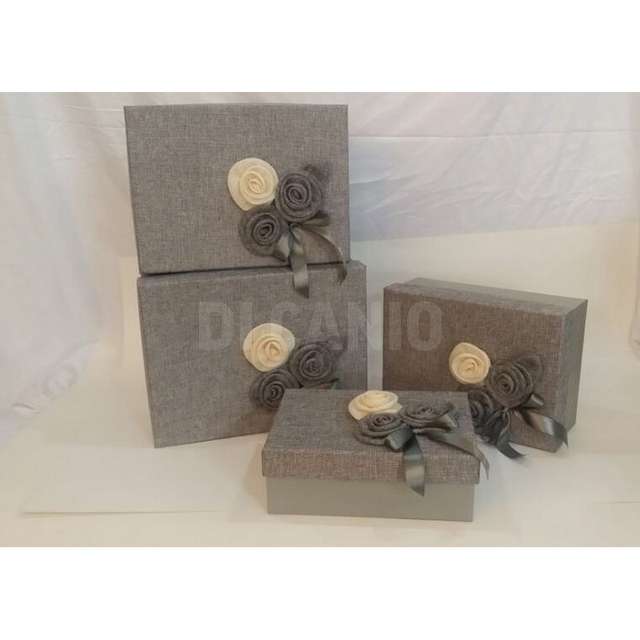 Set 4scatole rett. c_3fiori juta c_fiocco raso (grigie) creare - Principale