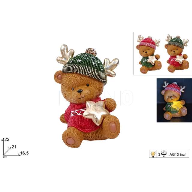 Orso natalizio seduto 22 cm. decorato con oro con luce 2 ass. - Principale