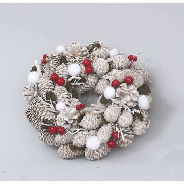 Corona pigne bianche e bacche rosse cm.25x8 - Principale