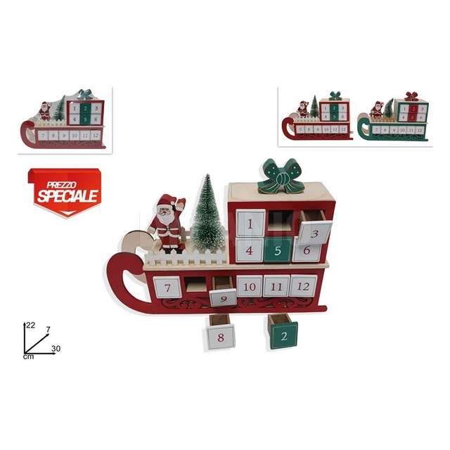 Slitta natalizia legno calendario avvento 2 col. rosso/verde - Principale