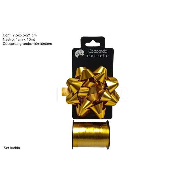 Nastrino lucido 1cm x 10mt + coccarda 10 2 x6 cm oro - Principale