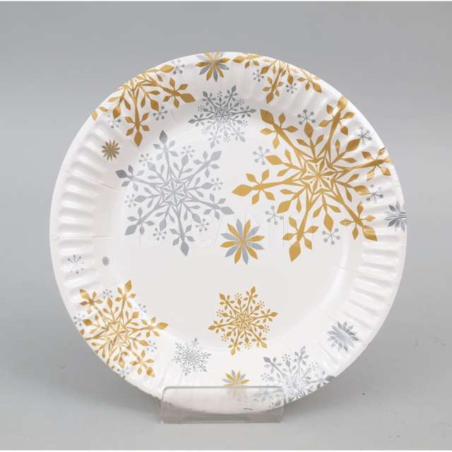 Set 6 piatti carta cm.18 bianchi dec.fiocchi neve oro - Principale