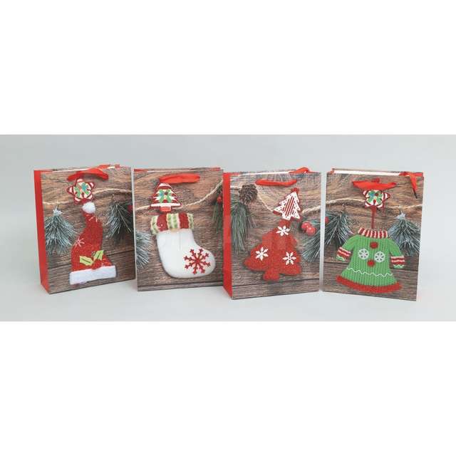 Busta regalo cm.18x8x24h dec.legno c/decoro rosso 4 ass. - Principale