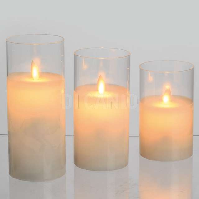 Set 3 candela cilindrica dm.7 5cm cera bianca finitura vetro glass led bianco ca - Principale