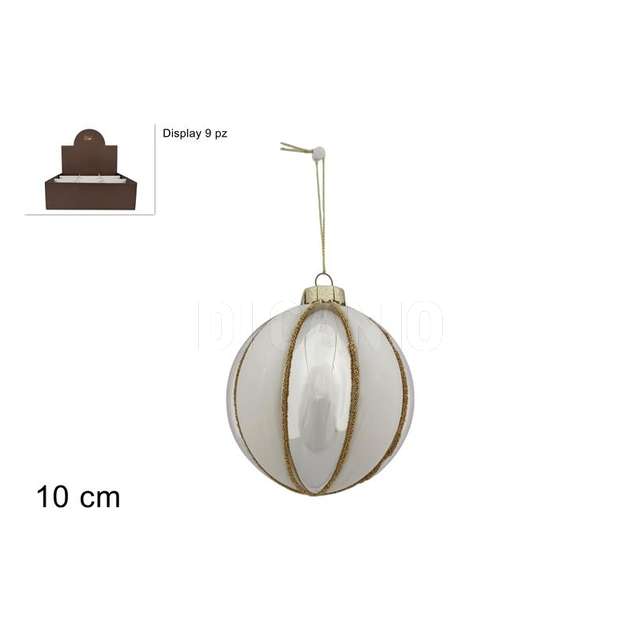 Palla vetro 10 cm. a fasce silver/bianco con perline oro in display - Principale