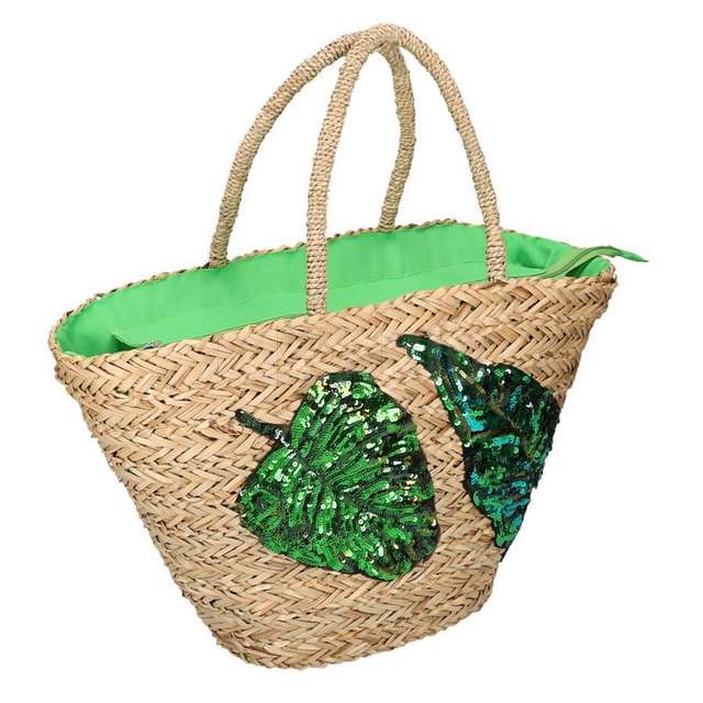 Borsa paglia con paillettes foglie cm60x16h30 - Principale