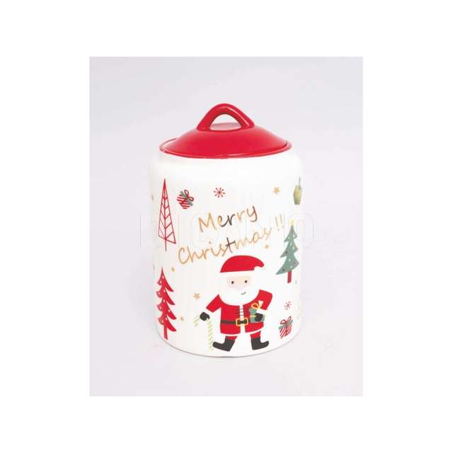 Biscottiera ceramica cm.13x20h bianca dec.alberi c/coperchio rosso - Principale