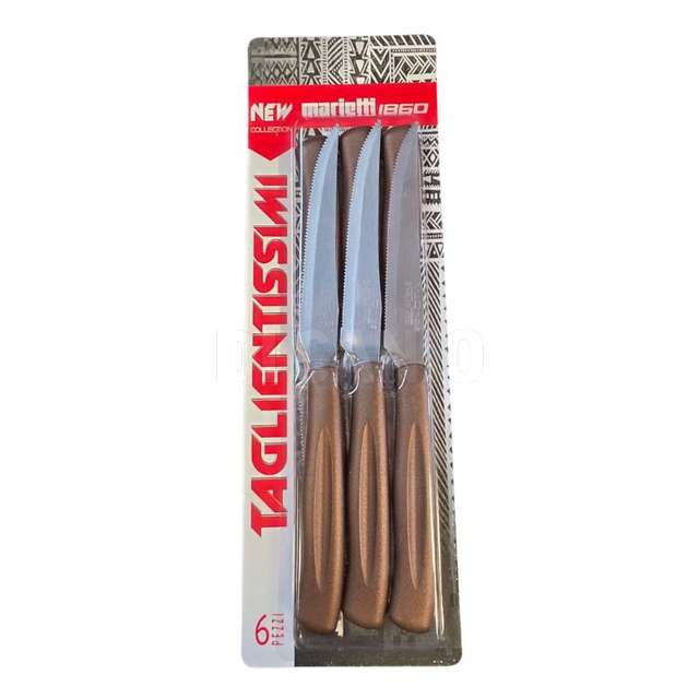 Conf. 6 coltelli bistecca lama dentata cm.11 marrone taglientissimi new 1860 - Principale