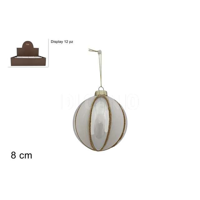 Palla vetro 8 cm. a fasce silver/bianco con perline oro in display - Principale